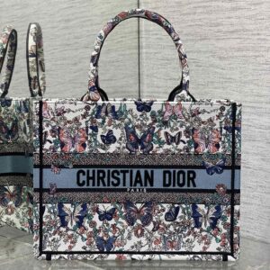 Dior Book Tote In Toile De Jouy Papillon Motif Canvas White