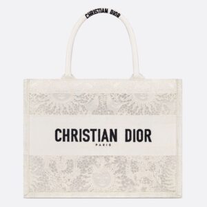 Dior Book Tote In Toile de Jouy Soleil Motif Macrame White