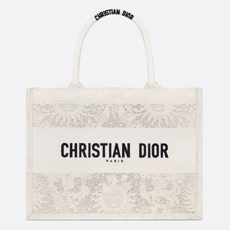 Dior Book Tote In Toile de Jouy Soleil Motif Macrame White