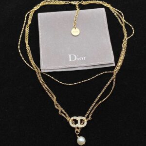 Dior CD Triple Necklace Metal with CD Signature Embellished Crystals and Resin Pearl Gold