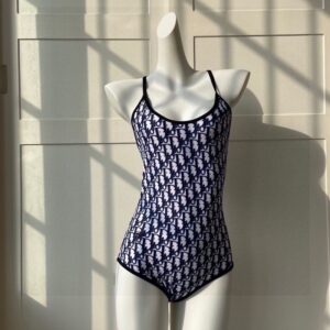 Dior Crisscross Swimsuit Women Oblique with Bee CD Motif Lycra Navy Blue