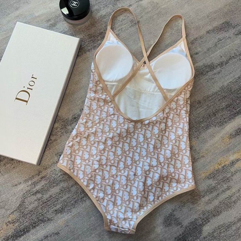 Dior Crisscross Swimsuit Women Oblique with Bee CD Motif Lycra Khaki - Image 2