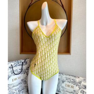 Dior Crisscross Swimsuit Women Oblique with Bee CD Motif Lycra Green