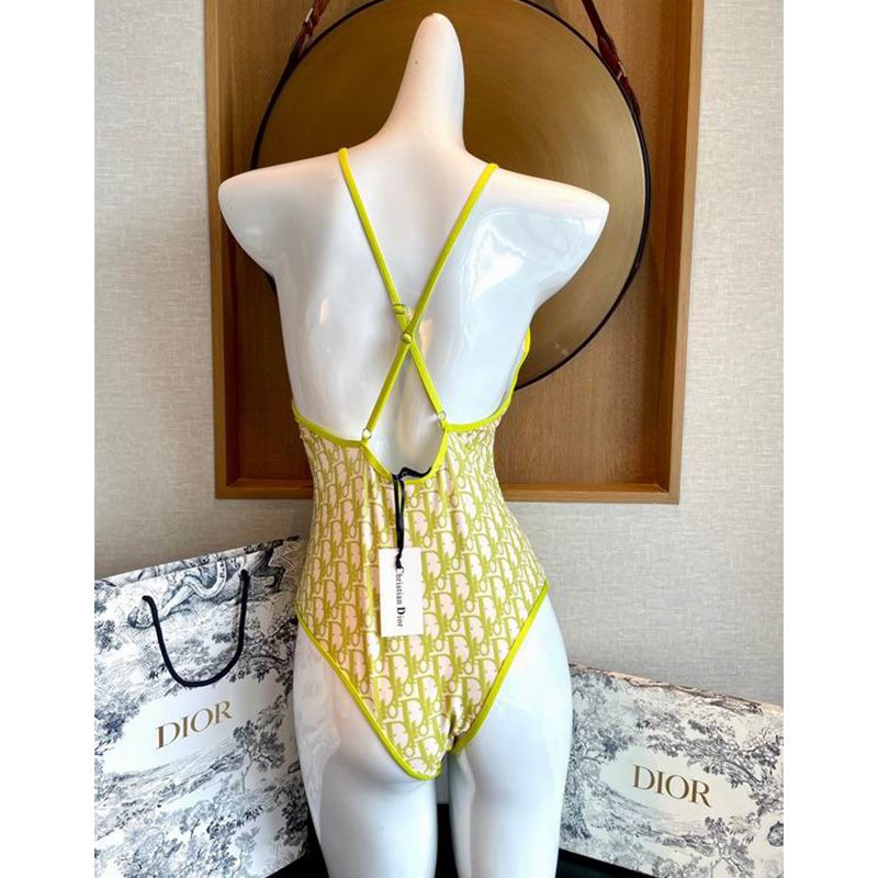 Dior Crisscross Swimsuit Women Oblique with Bee CD Motif Lycra Green - Image 2