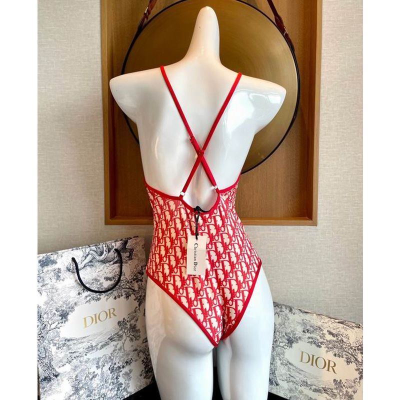 Dior Crisscross Swimsuit Women Oblique with Bee CD Motif Lycra Red - Image 2