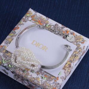 Dior D-Bow Bangle Metal with Resin Pearls Silver