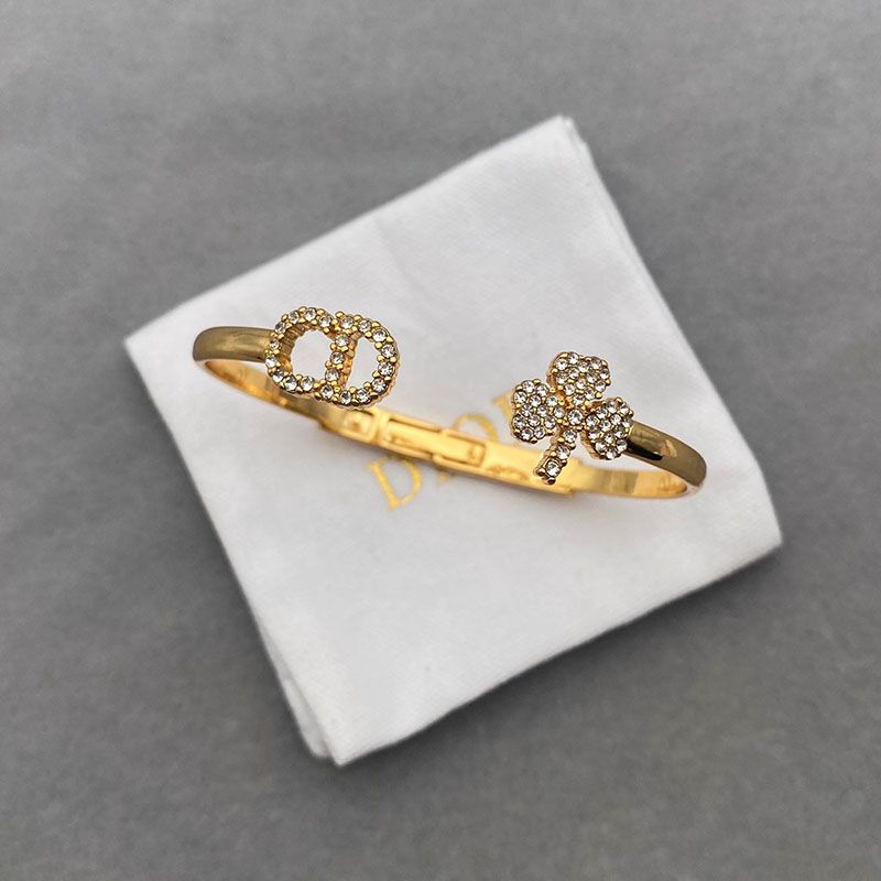 Dior Clair D Lune Hinge Bangle Metal with CD and Clover Signatures Embellished Crystals Gold - Image 2