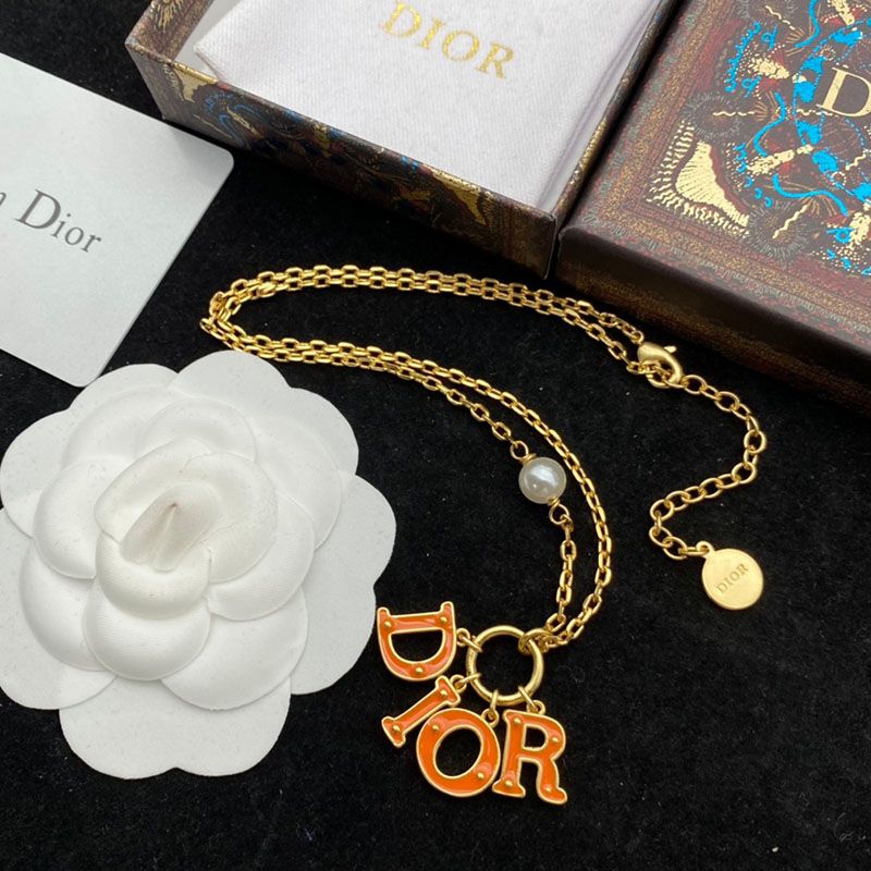 Diorevolution Necklace Metal with Resin Pearl and DIOR Signature Embellished Transparent Resin Gold/Orange