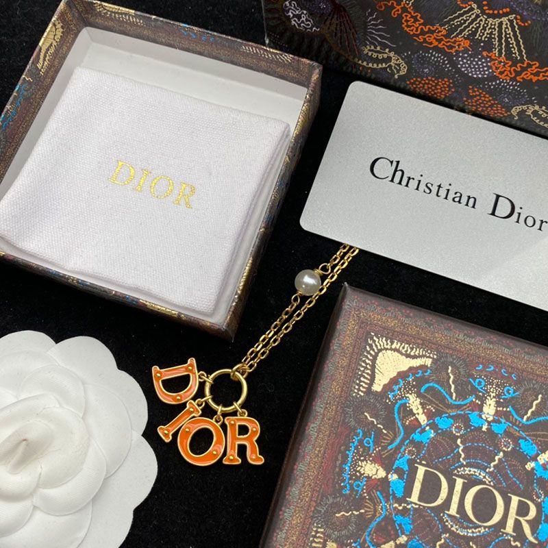 Diorevolution Necklace Metal with Resin Pearl and DIOR Signature Embellished Transparent Resin Gold/Orange - Image 2