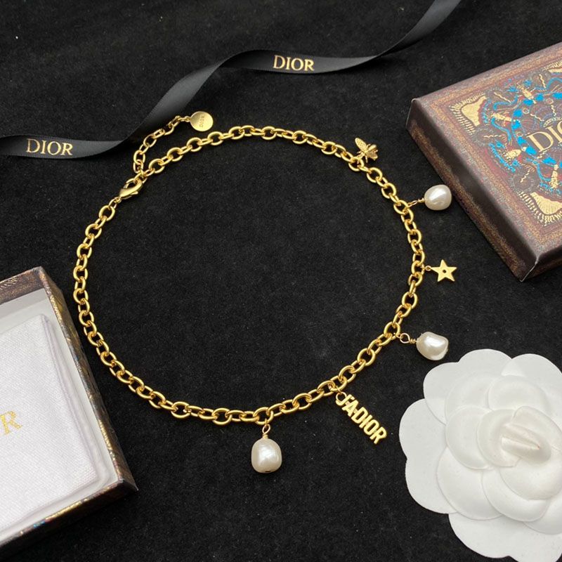 J'Adior Necklace Metal with Resin Pearls, Star and Bee Charms Gold - Image 2