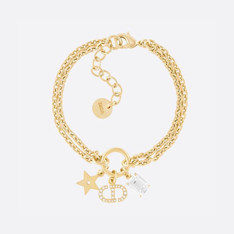 Dior Petit CD Double Bracelet Metal with Faceted Crystal, Star Charm and CD Signature Embellished Crystals Gold