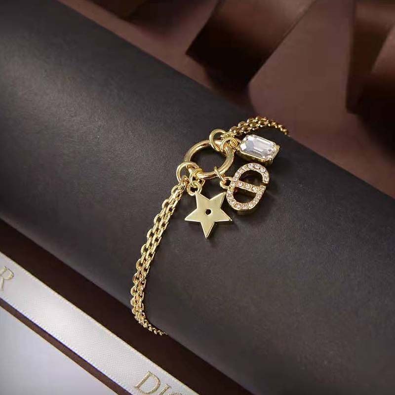 Dior Petit CD Double Bracelet Metal with Faceted Crystal, Star Charm and CD Signature Embellished Crystals Gold - Image 2