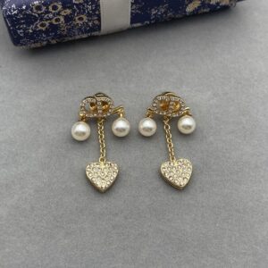 Dior Petit CD Earrings Metal with Resin Pearls, CD Signature and Heart Charms Embellished Crystals Gold