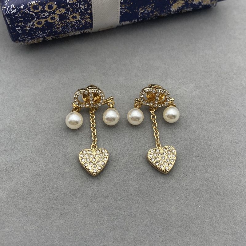 Dior Petit CD Earrings Metal with Resin Pearls, CD Signature and Heart Charms Embellished Crystals Gold