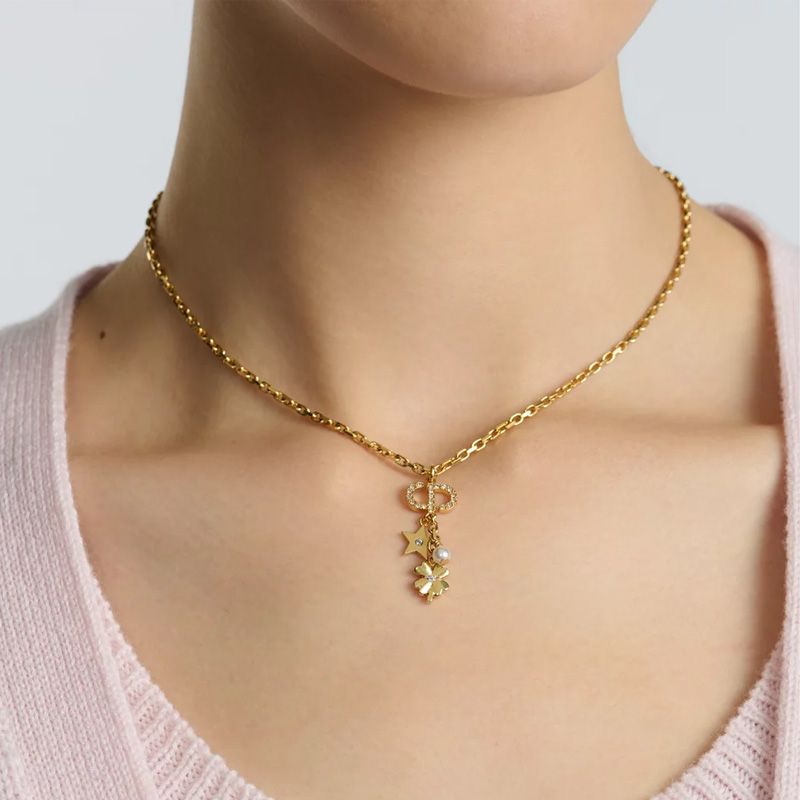 Dior Petit CD Necklace Metal with CD Signature Embellished Crystals, Resin Pearl, Star and Clover Charms Gold - Image 2