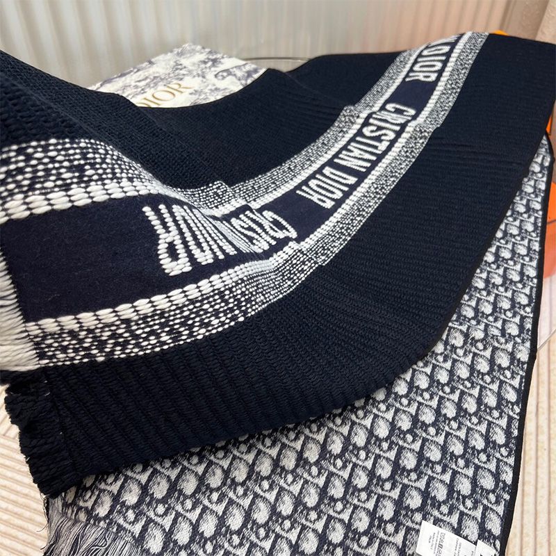 Dior Reversible Scarf University Oblique Motif Silk and Wool Navy Blue - Image 4