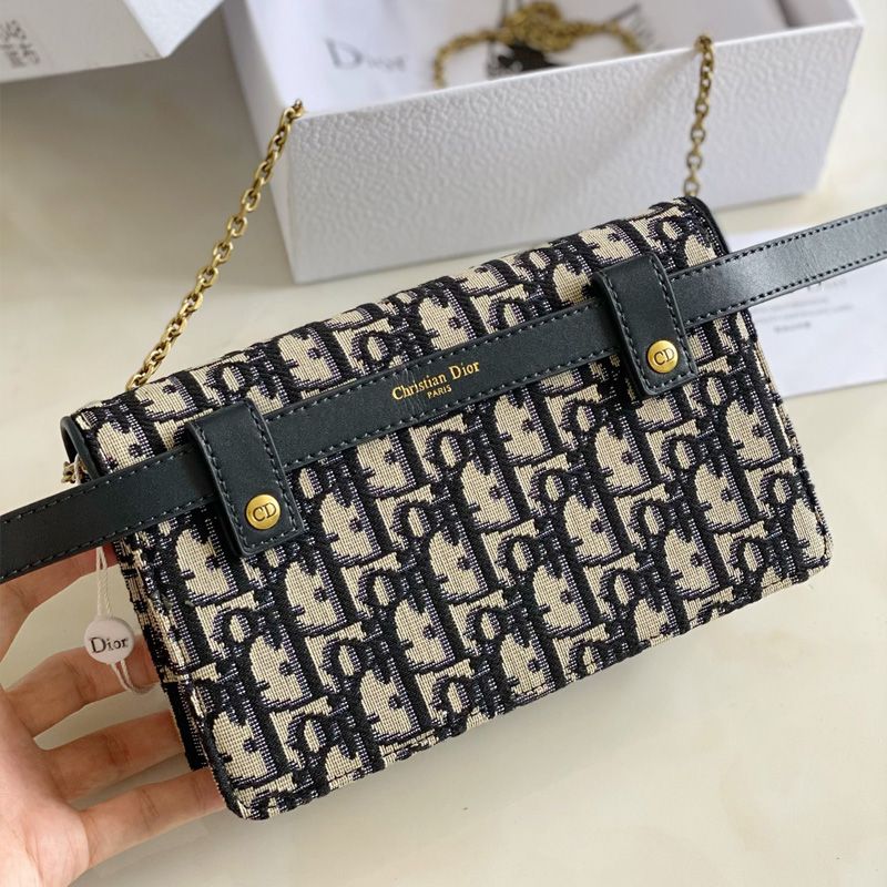 Dior Saddle Belt Pouch with Chain Oblique Motif Canvas Blue - Image 3