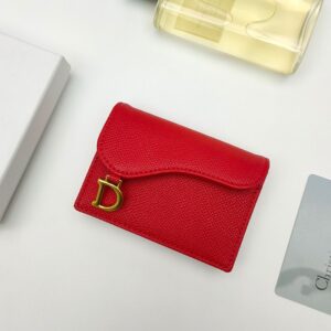 Dior Saddle Bloom Card Holder In Grained Calfskin Red