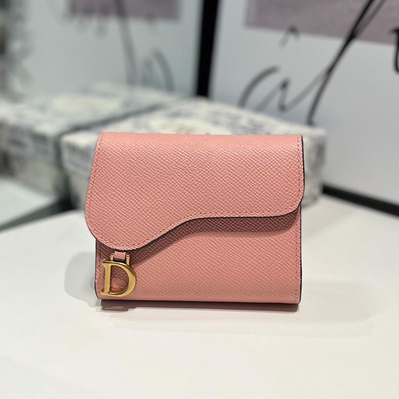 Dior Saddle Trifold Wallet In Grained Calfskin Pink