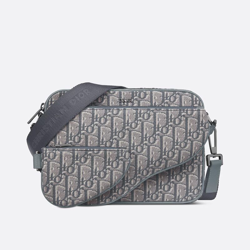 Dior Saddle Triple Pouch In Oblique Motif Canvas Grey