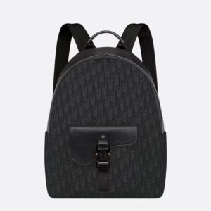 Dior Saddle Zip Backpack In Oblique Motif Canvas with Grained Calfskin Black