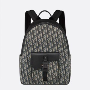 Dior Saddle Zip Backpack In Oblique Motif Canvas with Grained Calfskin Blue