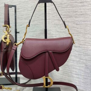 Dior Saddle Bag with Strap In Grained Calfskin Burgundy
