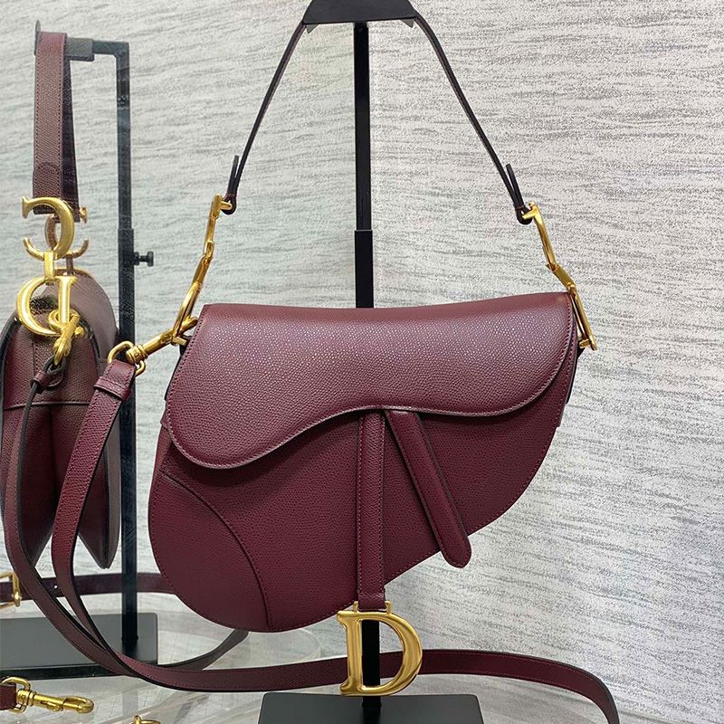 Dior Saddle Bag with Strap In Grained Calfskin Burgundy