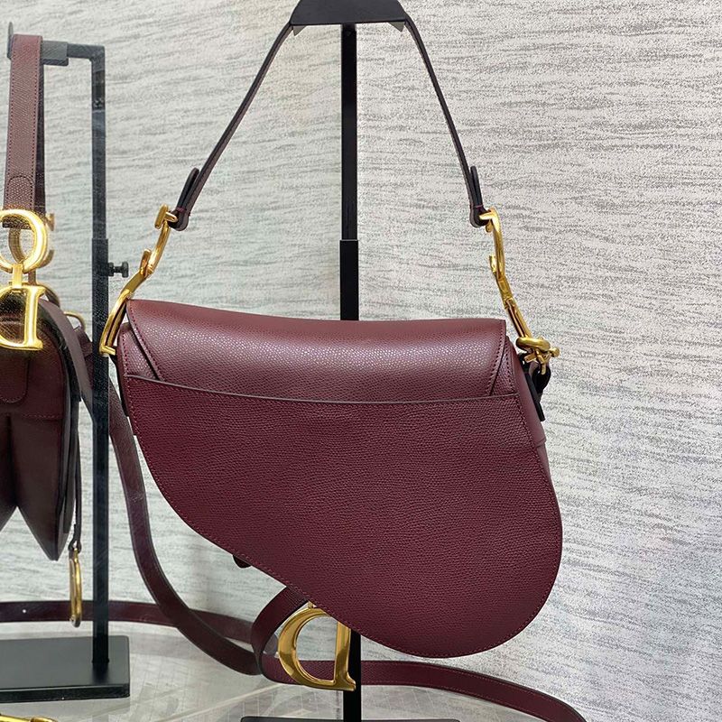 Dior Saddle Bag with Strap In Grained Calfskin Burgundy - Image 2