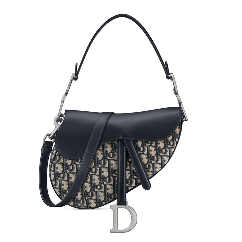 Dior Saddle Bag with Strap In Oblique Motif Canvas and Smooth Calfskin Blue