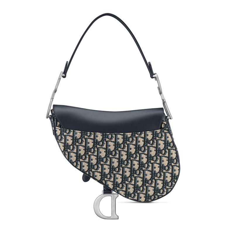 Dior Saddle Bag with Strap In Oblique Motif Canvas and Smooth Calfskin Blue - Image 2