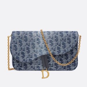 Medium Dior Saddle Pouch with Chain In Oblique Motif Denim Blue
