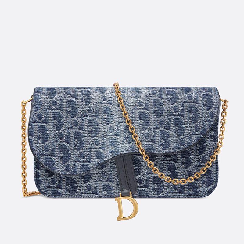 Medium Dior Saddle Pouch with Chain In Oblique Motif Denim Blue