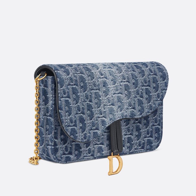 Medium Dior Saddle Pouch with Chain In Oblique Motif Denim Blue - Image 2