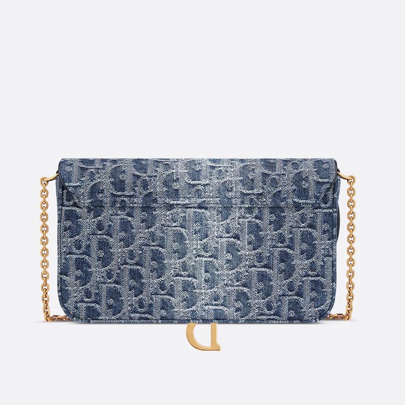 Medium Dior Saddle Pouch with Chain In Oblique Motif Denim Blue - Image 3