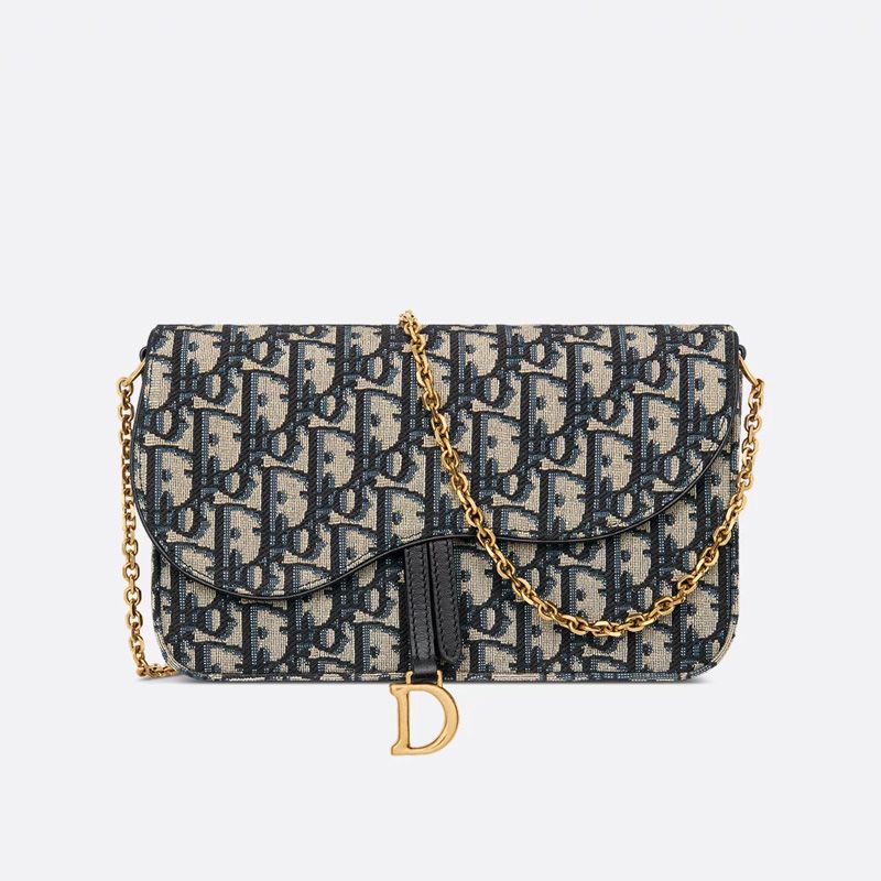 Medium Dior Saddle Pouch with Chain In Oblique Motif Canvas Blue