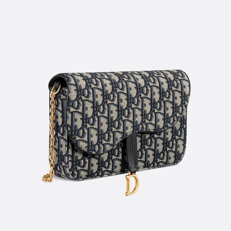 Medium Dior Saddle Pouch with Chain In Oblique Motif Canvas Blue - Image 2