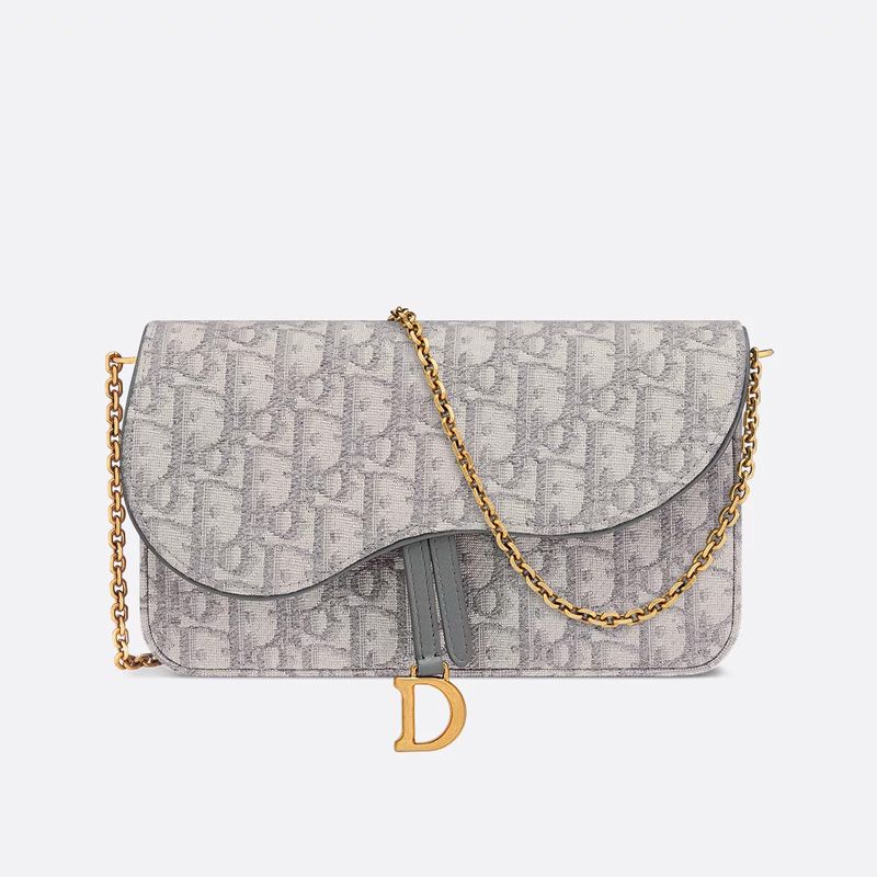 Medium Dior Saddle Pouch with Chain In Oblique Motif Canvas Grey