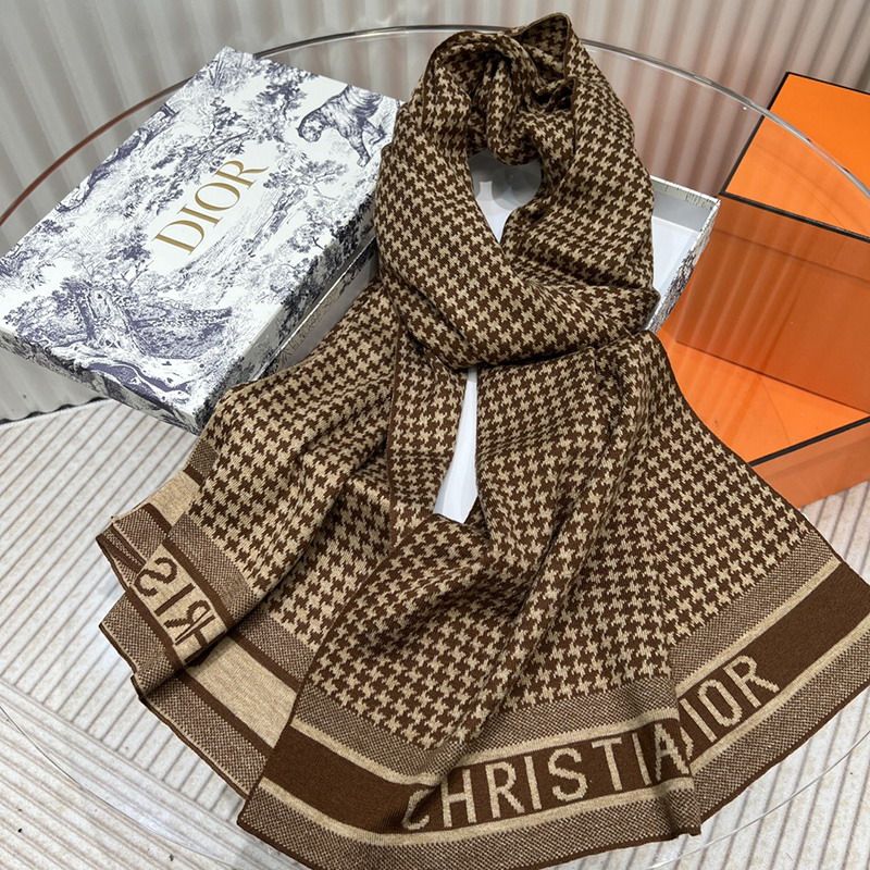 Dior Scarf Micro Houndstooth Motif Cashmere Brown - Image 2