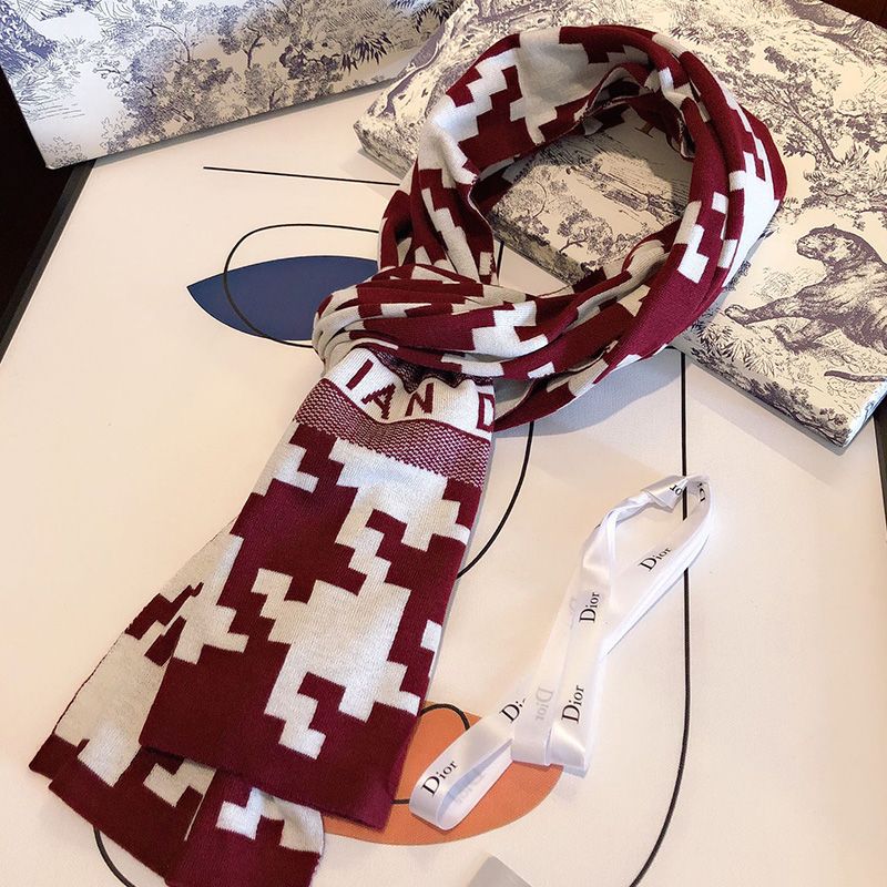 Dior Scarf In Macro Houndstooth Motif Technical Cashmere and Wool Burgundy - Image 2