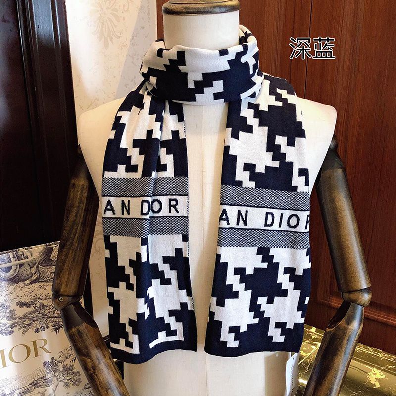 Dior Scarf In Macro Houndstooth Motif Technical Cashmere and Wool Navy Blue