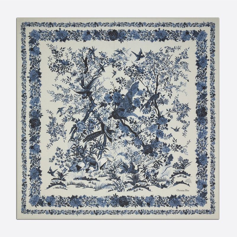 Dior Shawl In Jardin d'Hiver Motif Cashmere and Silk Blue