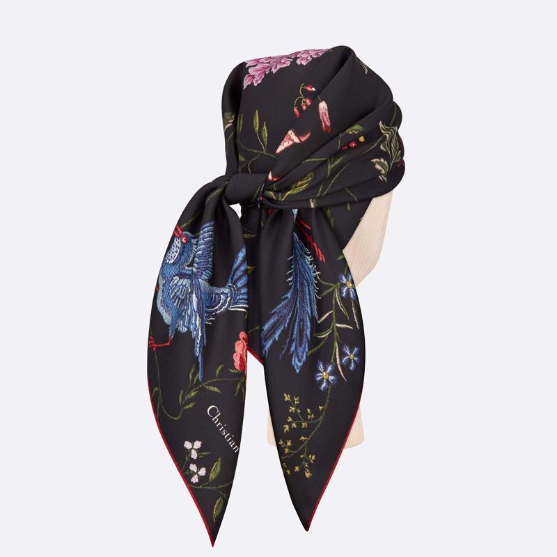 Dior Square Scarf Birds Motif Silk Black - Image 2