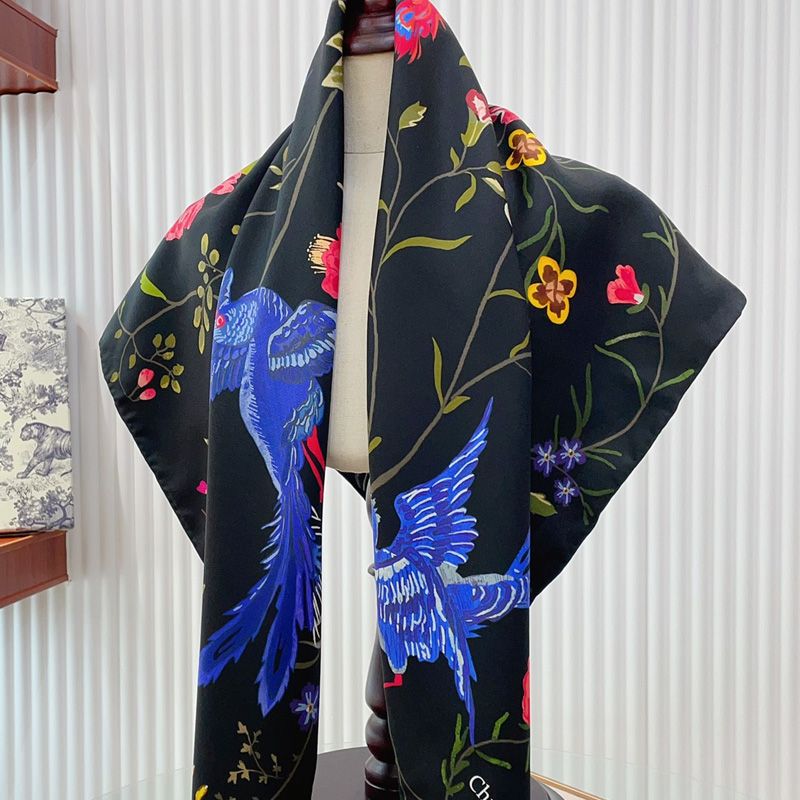 Dior Square Scarf Birds Motif Silk Black - Image 3