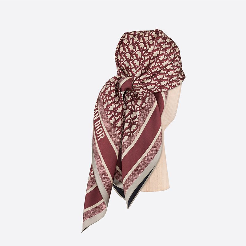 Dior Square Scarf Oblique Diortwin Motif Silk Burgundy/Navy Blue - Image 4