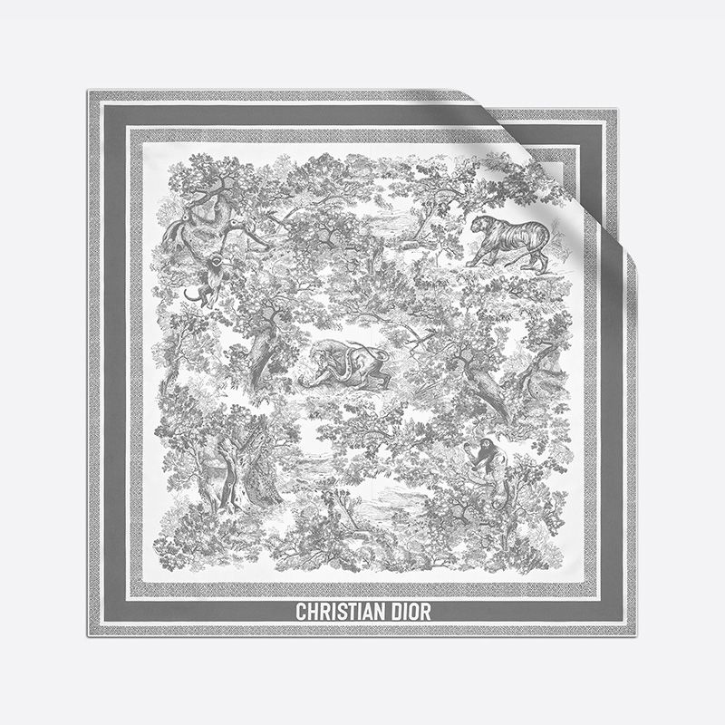 Dior Square Scarf In Toile de Jouy Sauvage Motif Silk Grey