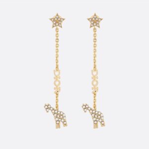 Dior Star Earrings Metal with Chains, DIOR Signature and Giraffe Charms Embellished Crystals Gold