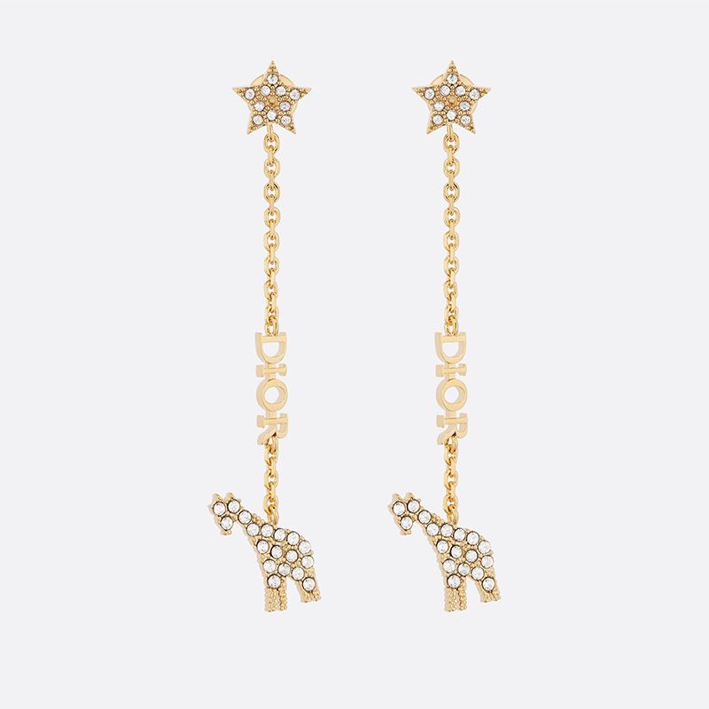 Dior Star Earrings Metal with Chains, DIOR Signature and Giraffe Charms Embellished Crystals Gold