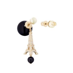 Dior Tribales Asymmetric Earrings Metal with Resin Pearls and Eiffel Tower Charm Gold/Black