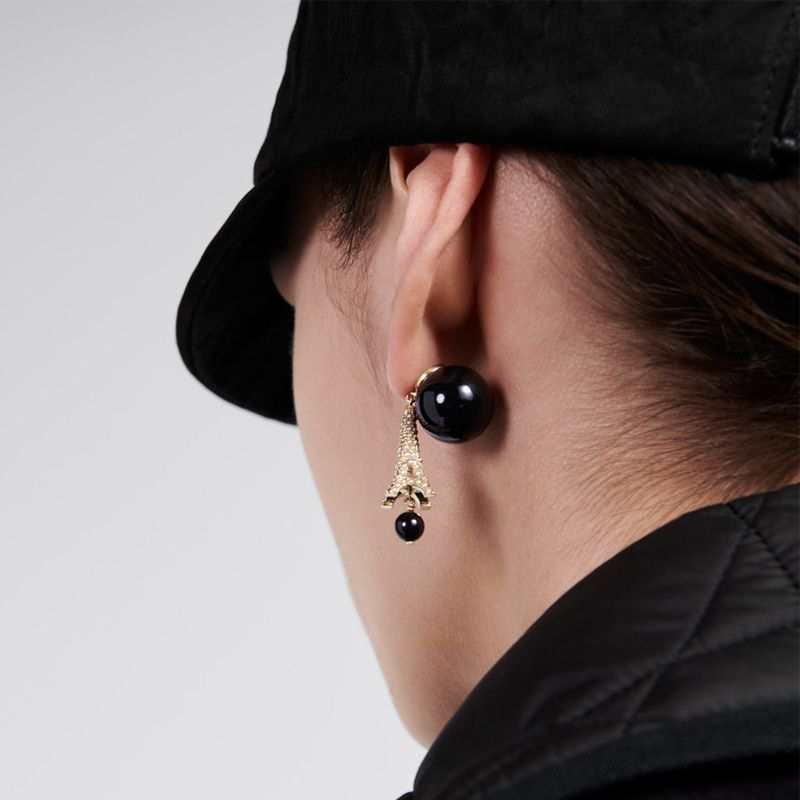 Dior Tribales Asymmetric Earrings Metal with Resin Pearls and Eiffel Tower Charm Gold/Black - Image 2